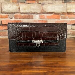 Brighton Gwynevere clutch wallet in black and chocolate crocodile-style w/ strap